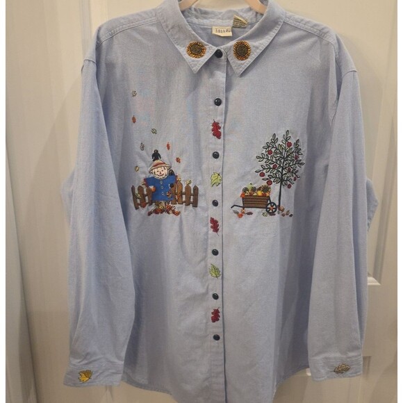 FALLS CREEK Vtg Embroidered Fall Chambray Shirt Scarecrow Apples Sz 22W Folk Art - Picture 1 of 8